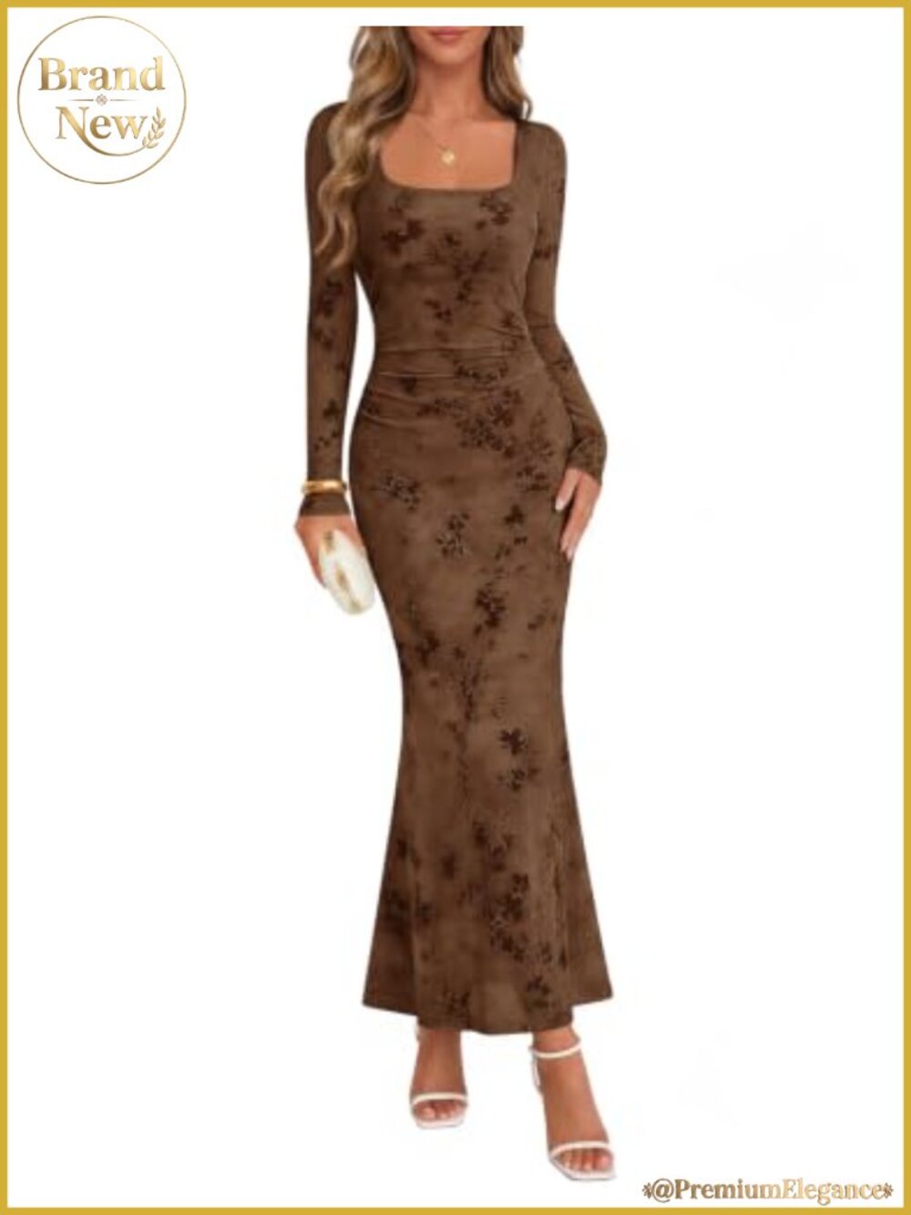 Women Long Sleeve Floral Maxi Dress Square Neck Bodycon Mermaid Hem Formal